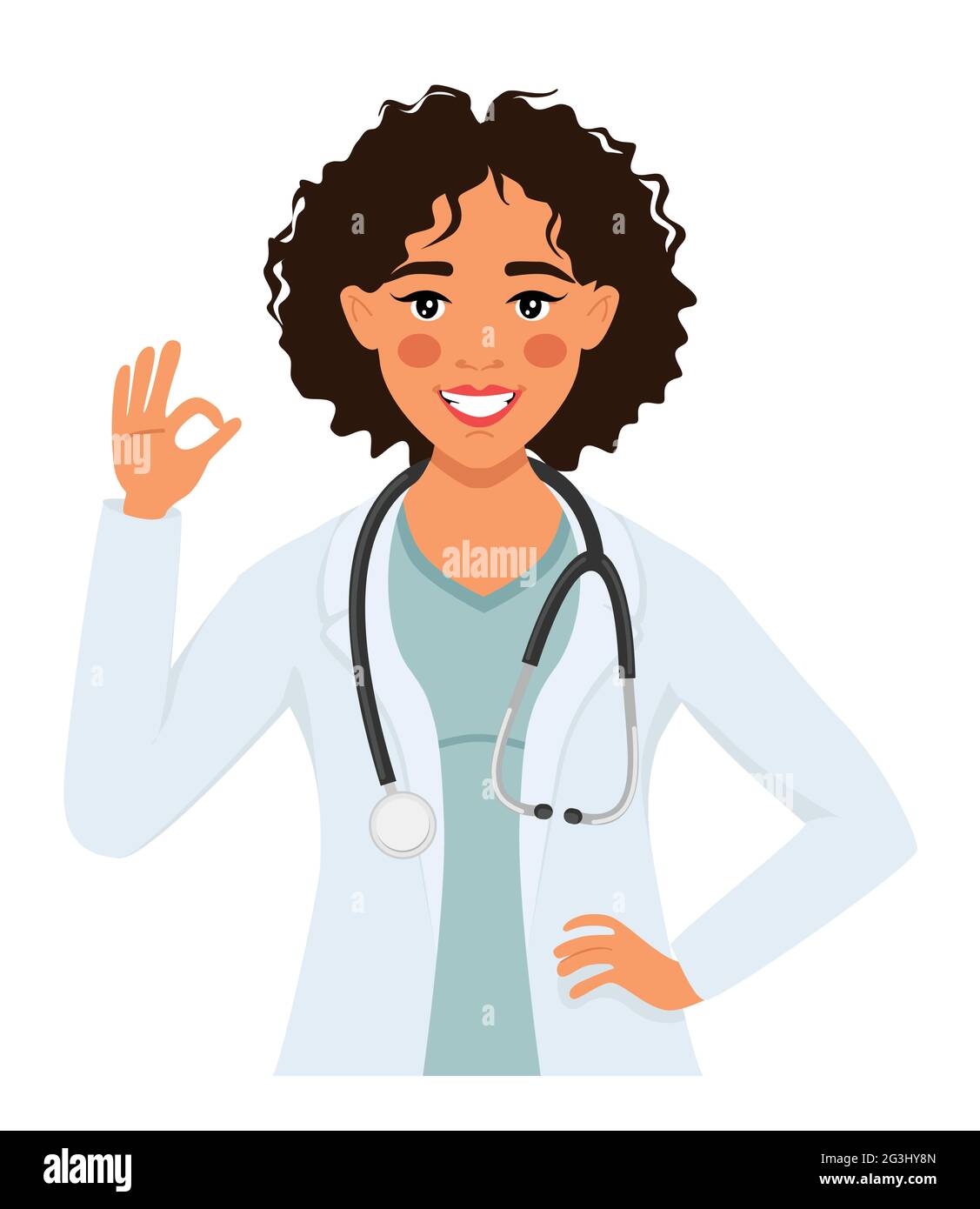 La dottoressa mostra un segno ok. Medico o terapeuta. Illustrazione in stile cartoon. Illustrazione Vettoriale