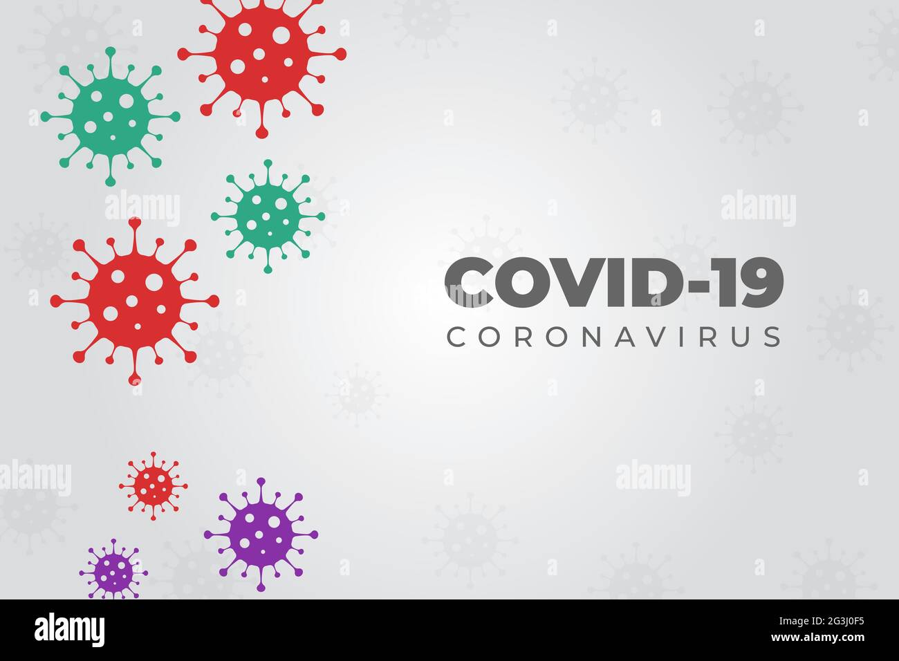 Covid19. Progettazione di focolai di coronavirus con cellule virali in caduta e lettere tipografiche su sfondo grigio Illustrazione Vettoriale