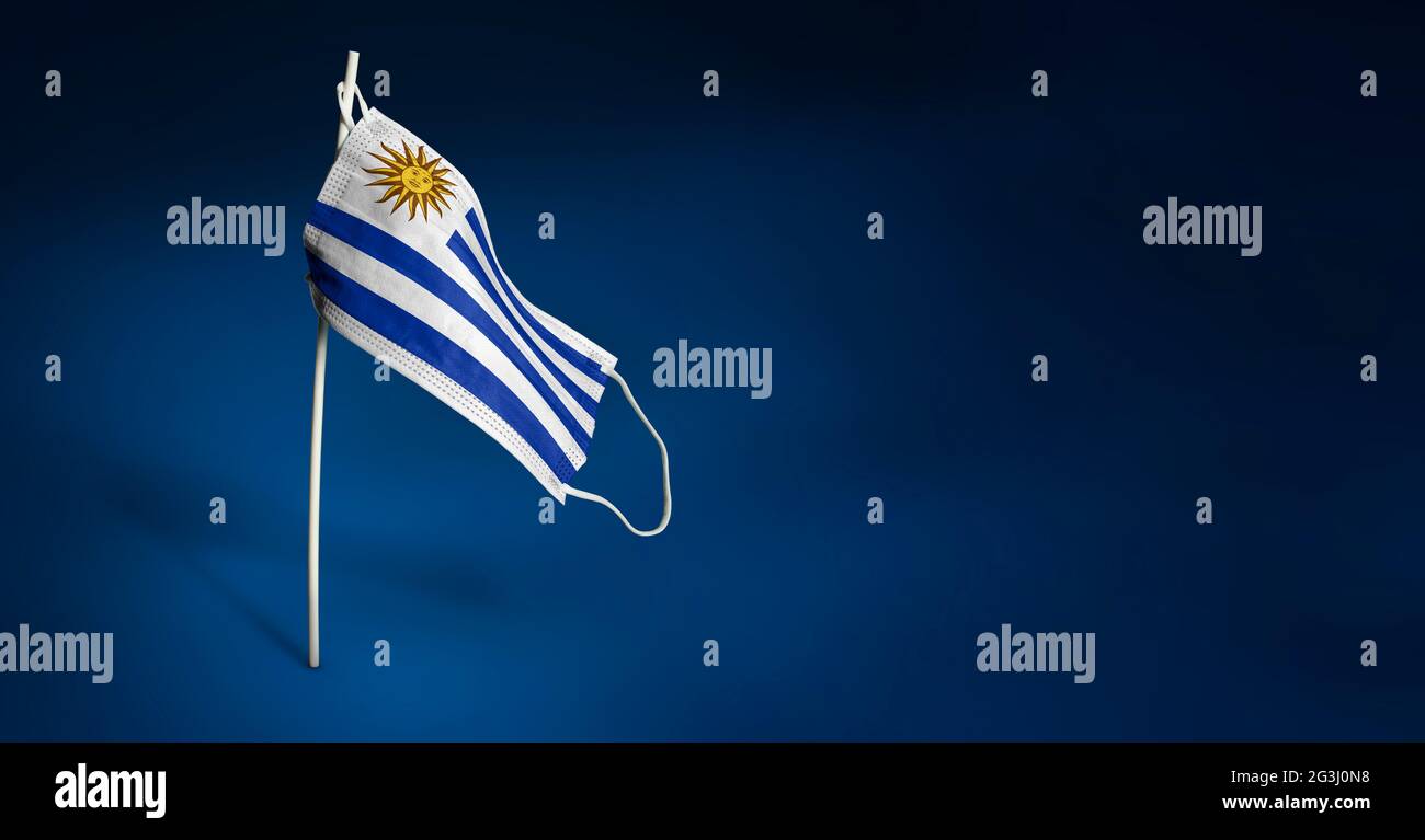 Bandiera ondulata dell'Uruguay dipinta su maschera medica sul palo. Concetto del banner della lotta contro l'epidemia coronavirus COVID-19. Spazio di copia Foto Stock