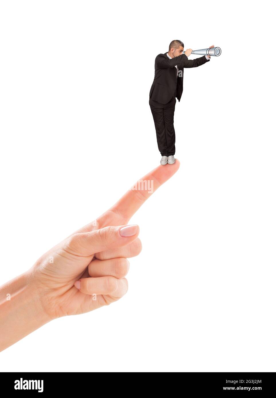 Uomo d'affari in piedi sulla donna 39;s punta dito Foto Stock