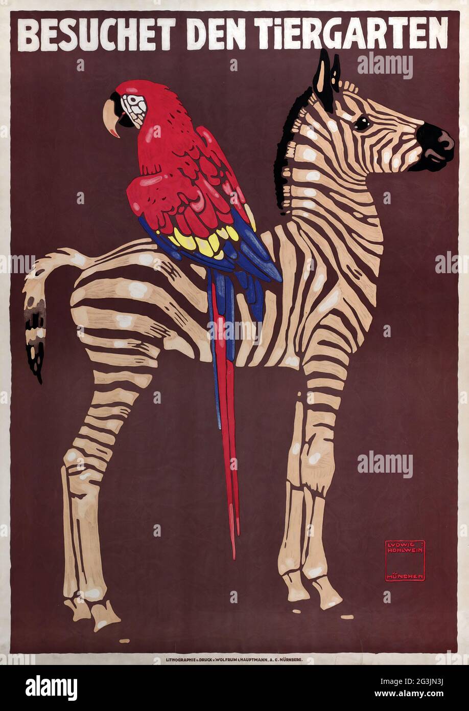 Poster d'epoca, artista tedesco Ludwig Hohlwein (1874-1949) Besuchet den Tiergarten, 1912 – Visita lo Zoo. Un pappagallo sulla schiena di uno Zebra. Foto Stock