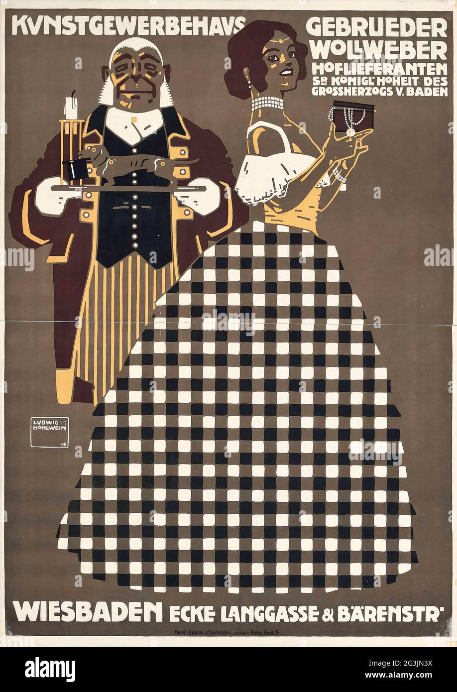 Poster d'epoca, artista tedesco Ludwig Hohlwein (1874-1949) KUNSTGEWERBEHAUS GEBRUEDER WOLLWEBER 1908 Foto Stock