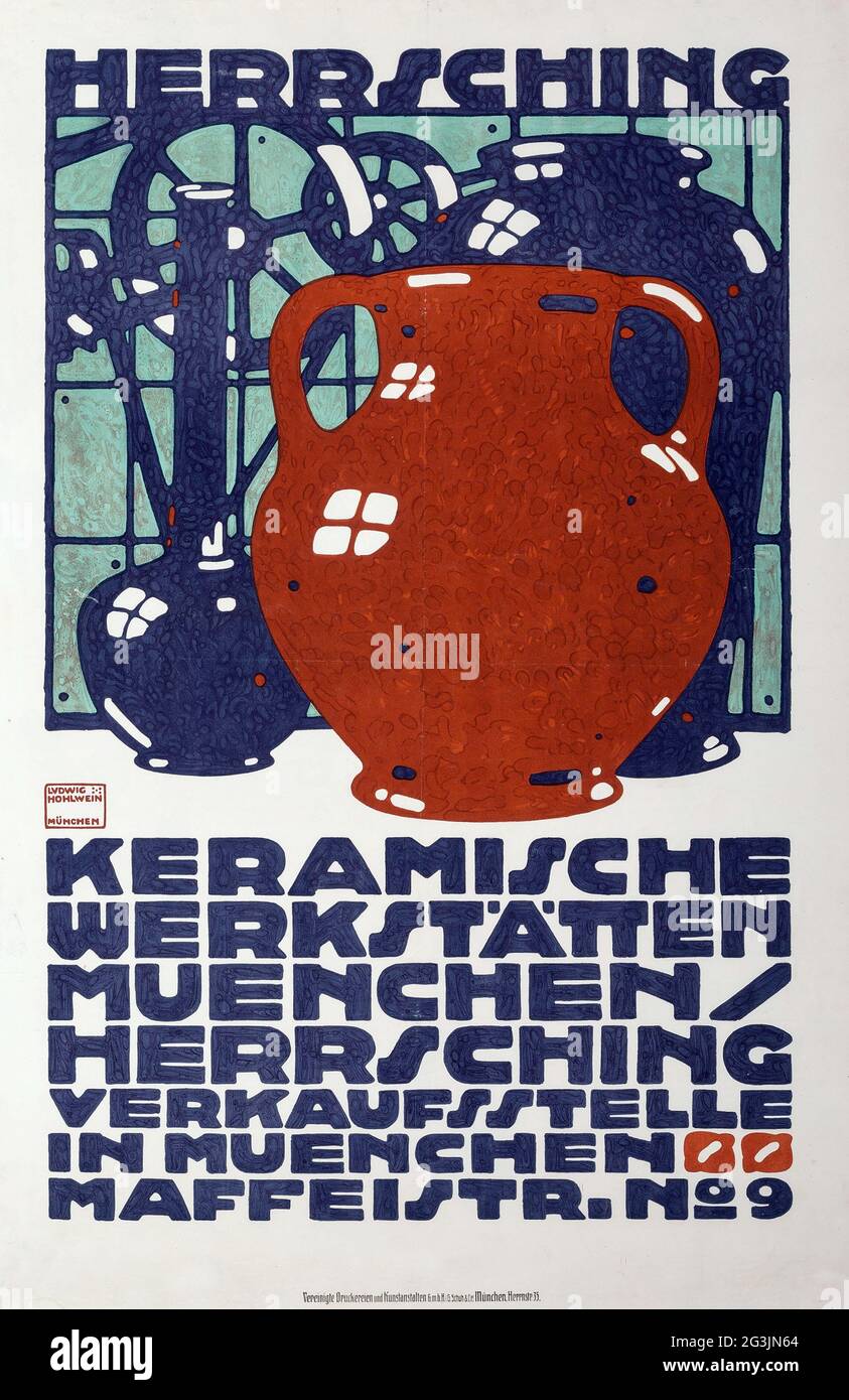 Poster tedesco d'epoca - Ludwig Hohlwein (1874-1949) Herrsching Keramische Werkstatten, 1910 Foto Stock