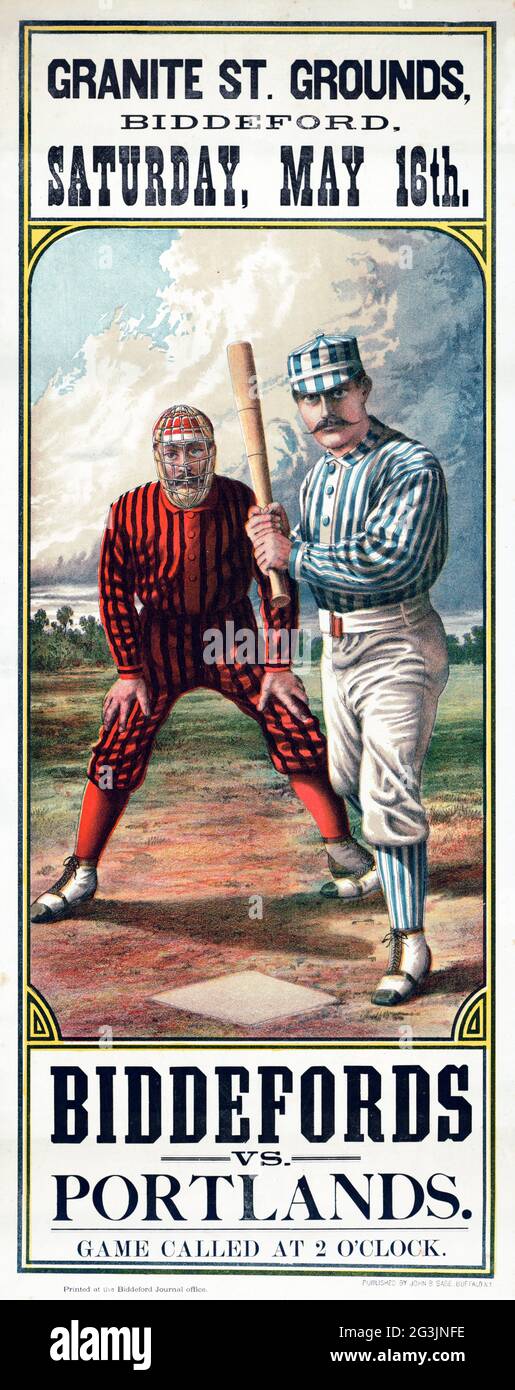 Biddefords vs. Portlands Granite St. Grounds, Biddeford, sabato 16 maggio – stampato presso l'ufficio del Biddeford Journal Foto Stock