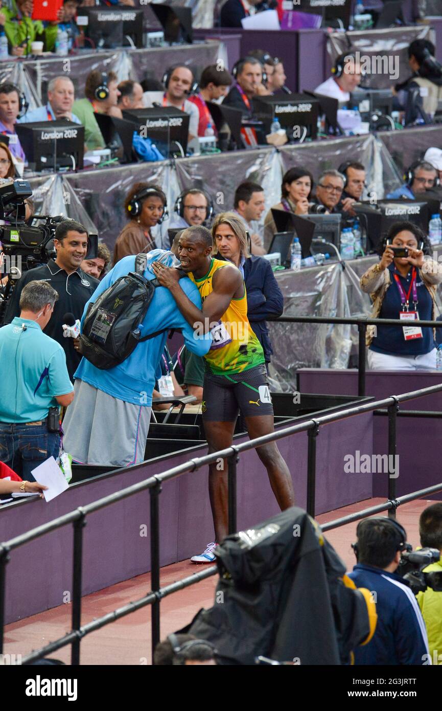 LONDRA, INGHILTERRA - 5 AGOSTO, Usain Bolt della Giamaica durante la sessione serale di atletica allo Stadio Olimpico il 5 agosto 2012 a Londra, Inghilterra Foto di Roger Sedres / Gallo Images Foto Stock