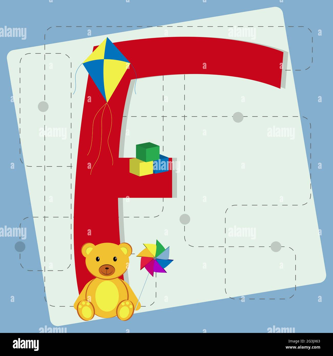 Lettera 'f' dall'alfabeto stilizzato con giocattoli per bambini: Giocattolo  a cubetti, aquilone, orsacchiotto, pinwheel Immagine e Vettoriale - Alamy