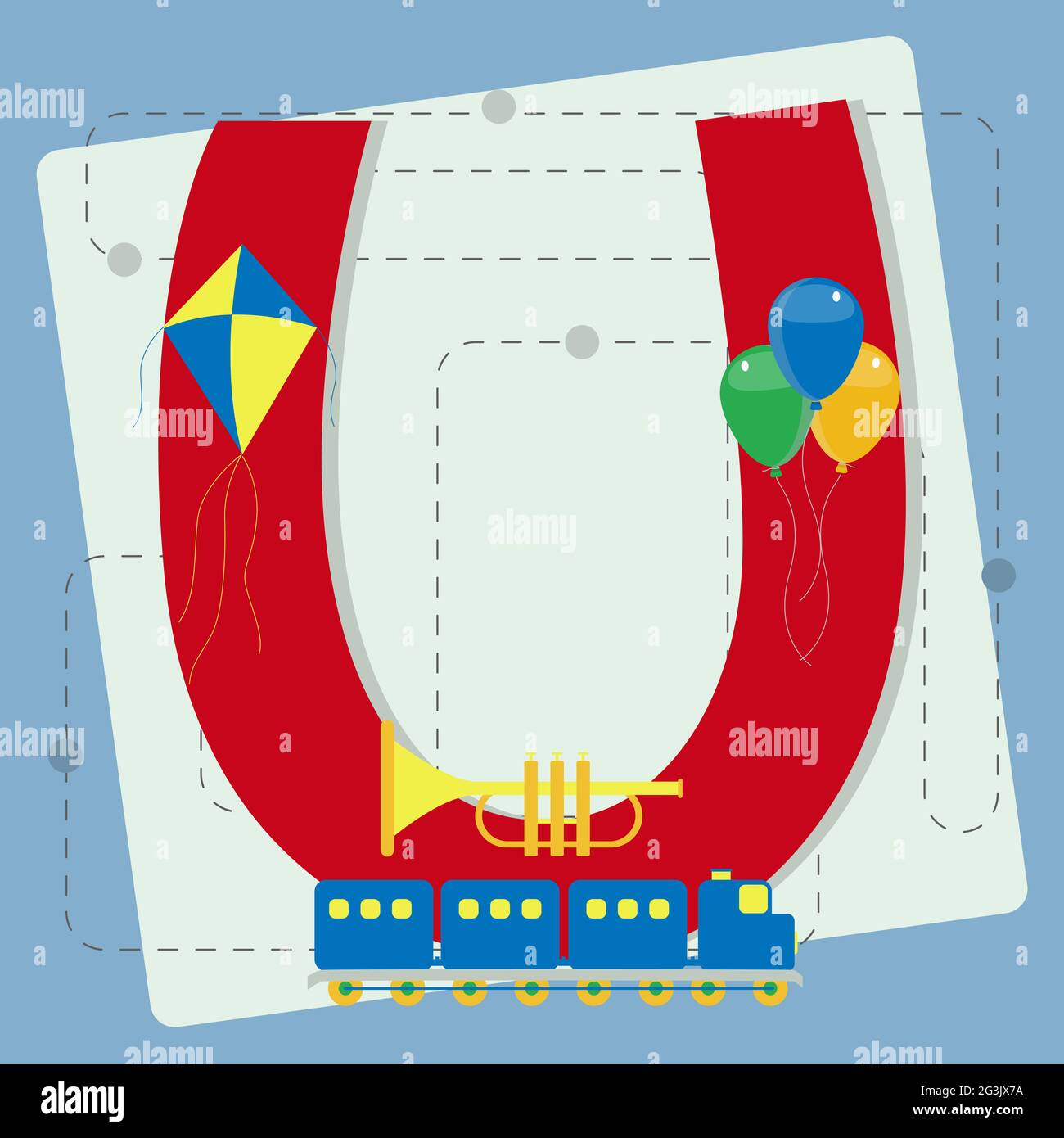 Lettera 'u' dall'alfabeto stilizzato con i bambini: Aquilone, treno giocattolo, palloncini colorati, corno giocattolo Illustrazione Vettoriale