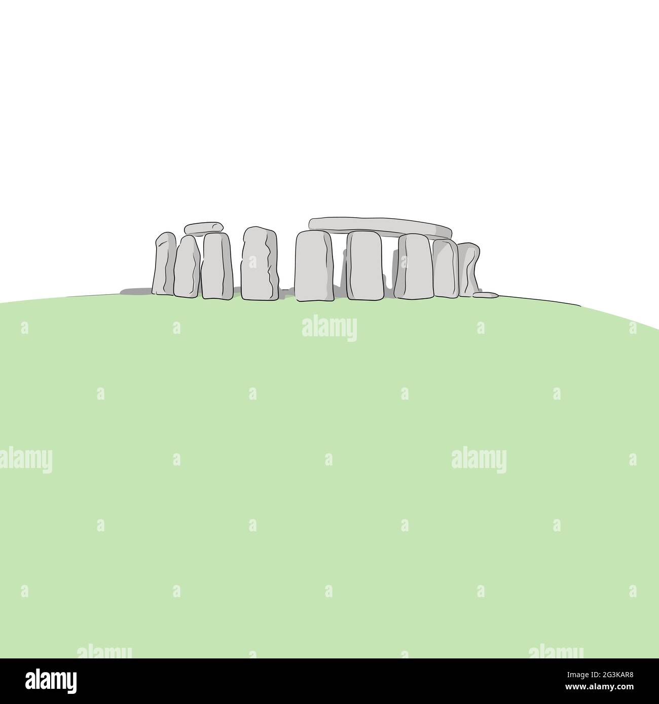 Stonehenge in Gran Bretagna disegnata a mano con linee nere isolate su vettore di illustrazione di sfondo bianco. Illustrazione Vettoriale