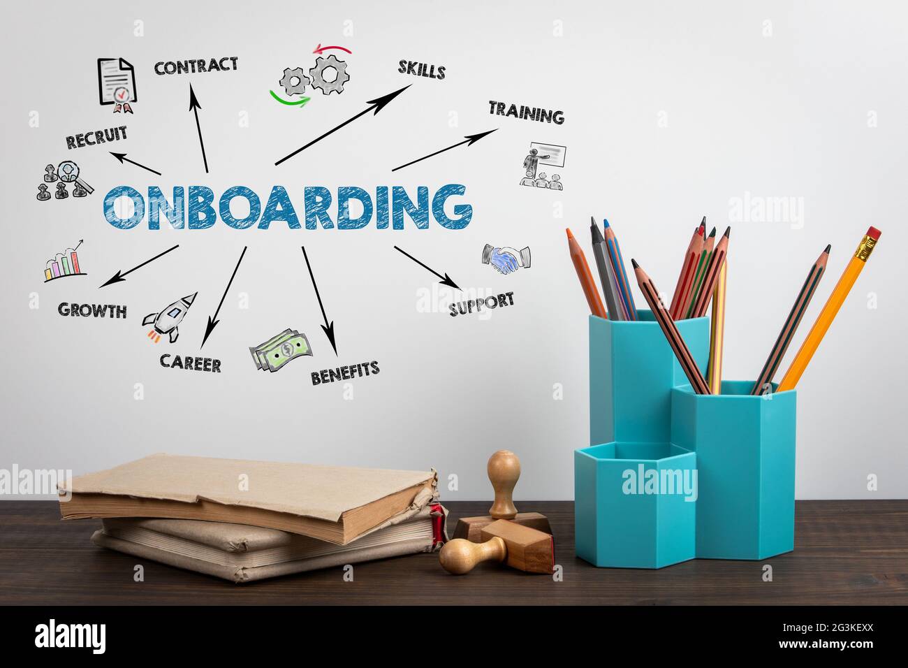 ONBOARDING. Forniture per ufficio e libri su un tavolo di legno. Foto Stock
