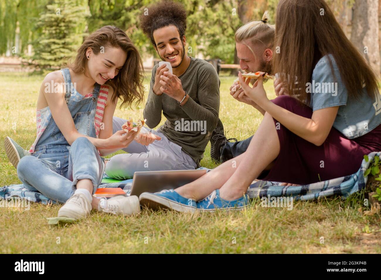 Gli studenti universitari di mangiare la pizza durante il corso di studi sull'erba. Foto Stock