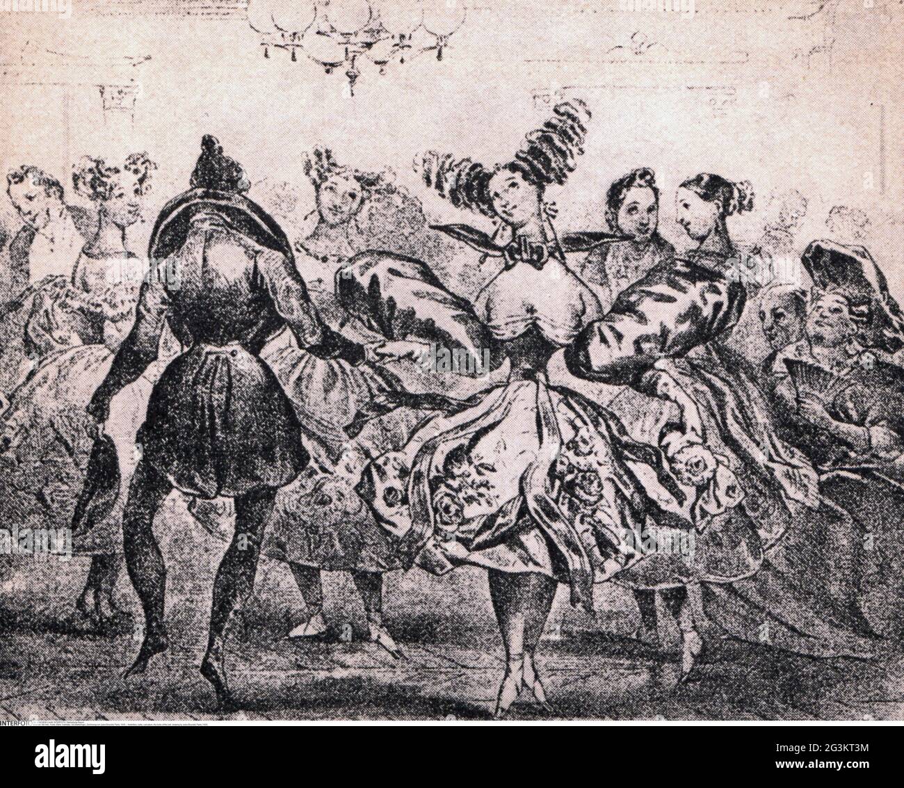 Feste, palle, caricature, la belle della palla, disegno di Jules Bourdet, Parigi, 1835, IL COPYRIGHT DELL'ARTISTA NON DEVE ESSERE ELIMINATO Foto Stock