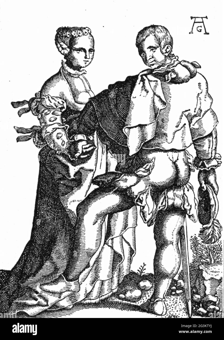 Persone, società, nobiltà, coppia danzante, incisione in rame di Heinrich Alsgrver, circa 1550, IL COPYRIGHT DELL'ARTISTA NON DEVE ESSERE ELIMINATO Foto Stock
