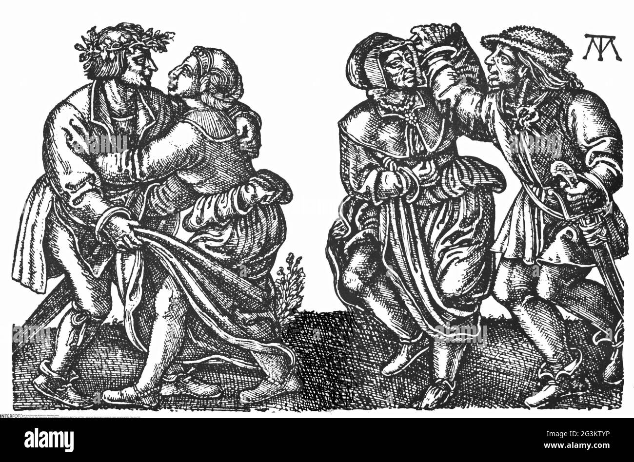 Danza, balli di fienile, contadini da ballo, incisioni di rame di Martin Treu, circa 1540, IL COPYRIGHT DELL'ARTISTA NON DEVE ESSERE ELIMINATO Foto Stock