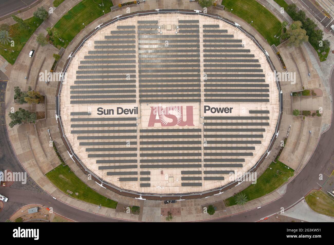 Una vista aerea della Desert Financial Arena nel campus dell'Arizona state University, martedì 26 gennaio 2021, a Tempe, Ariz. i servizi sono l'h Foto Stock