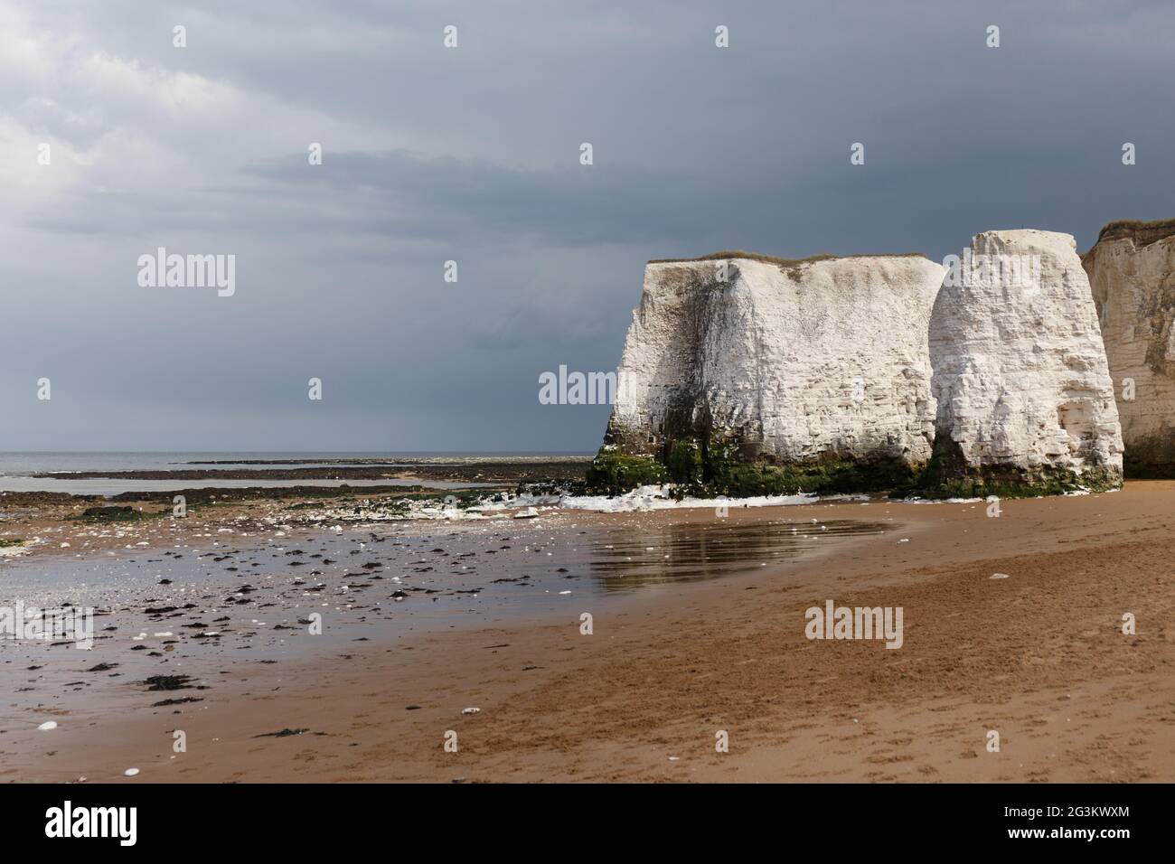 La spiaggia di Botany Bay a bassa marea, sabbia e gesso bianco stack, Broadstairs, Kent, Inghilterra Foto Stock