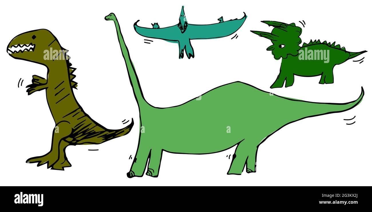 Set di dinosauri Pterodactil, tirannosaurus, triceratops, diplodocus. Illustrazione vettoriale per striscioni, poster, design per bambini. Emoji a colori, stic Illustrazione Vettoriale