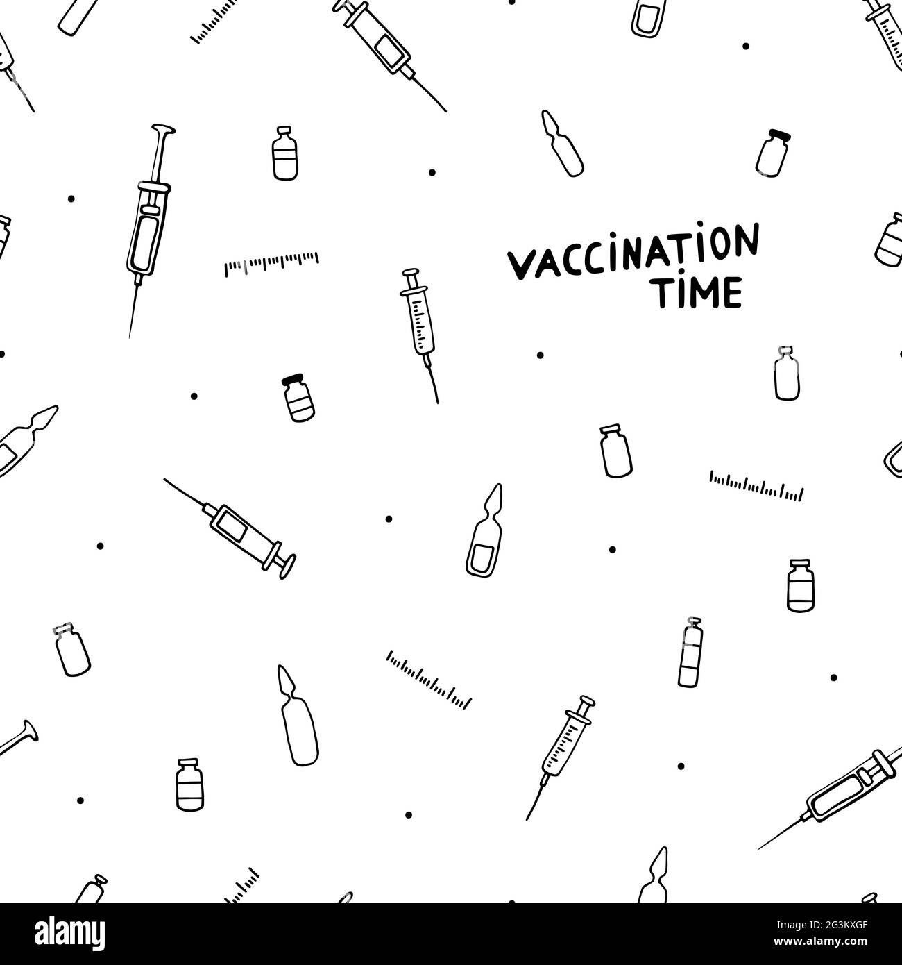 Tempo per la vaccinazione. Modello medico senza soluzione di continuità. Malattie, prevenzione delle malattie, assistenza sanitaria. Illustrazione vettoriale con siringhe farmaceutiche disegnate a mano, Illustrazione Vettoriale