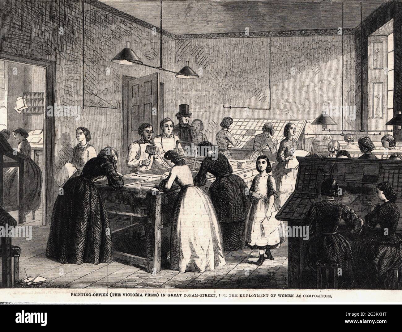 La tecnica, la tipografia, la sala di composizione del negozio di stampa Victoria Press, Londra, incisione del legno, 1861, IL COPYRIGHT DELL'ARTISTA NON DEVE ESSERE CANCELLATO Foto Stock