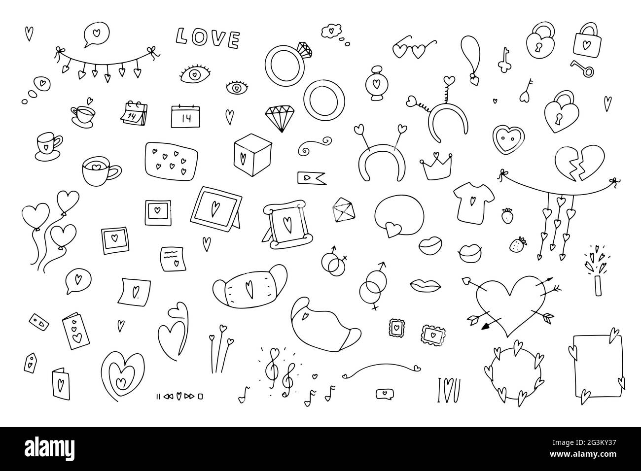 Doodle San Valentino set. Simbolo d'amore disegnato a mano isolato su sfondo bianco. Palloncini, anello, cornici, decorazioni, serrature, caffè con cuore. Feeli Illustrazione Vettoriale