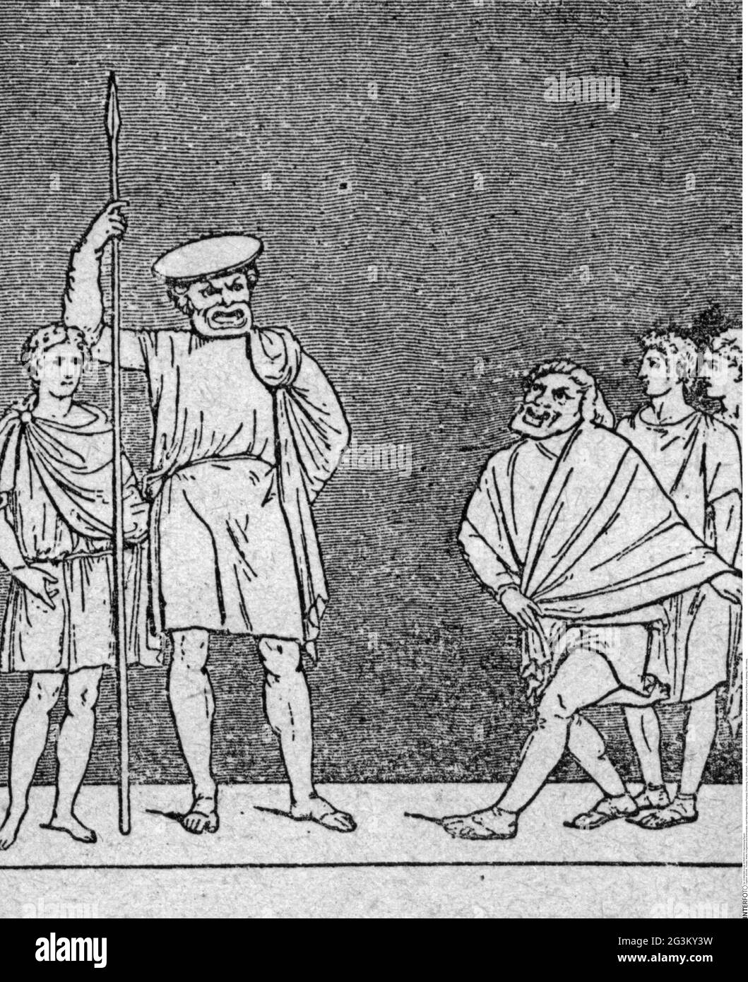 teatro / teatro, mondo antico, eroe di guerra e spugnaio, dopo la pittura murale di Pompei, disegno, IL COPYRIGHT DELL'ARTISTA NON DEVE ESSERE CANCELLATO Foto Stock