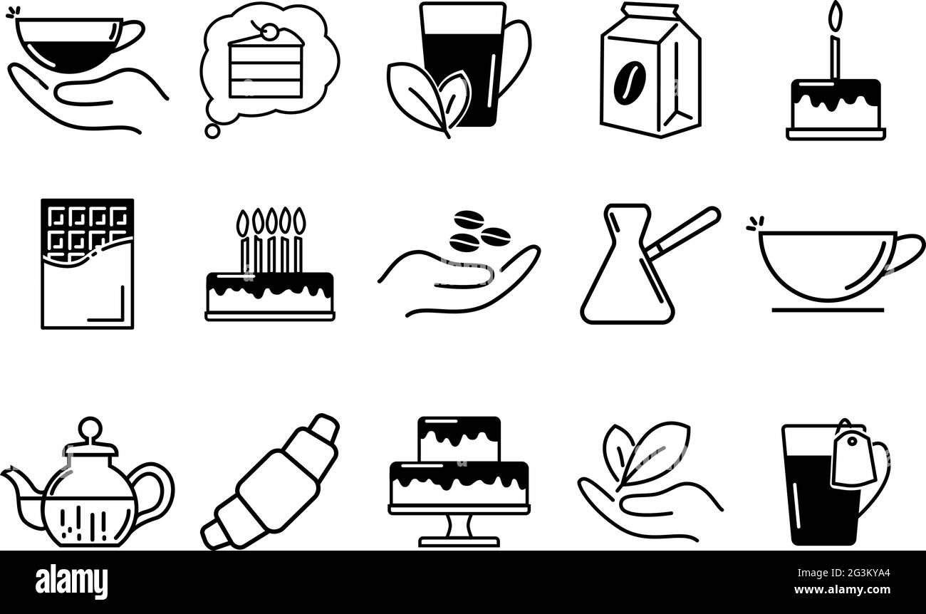 Set di icone per caffè e tè. Contenere una tazza di caffè o tè, torte di compleanno diverse, cioccolato e mani. Illustrazione Vettoriale