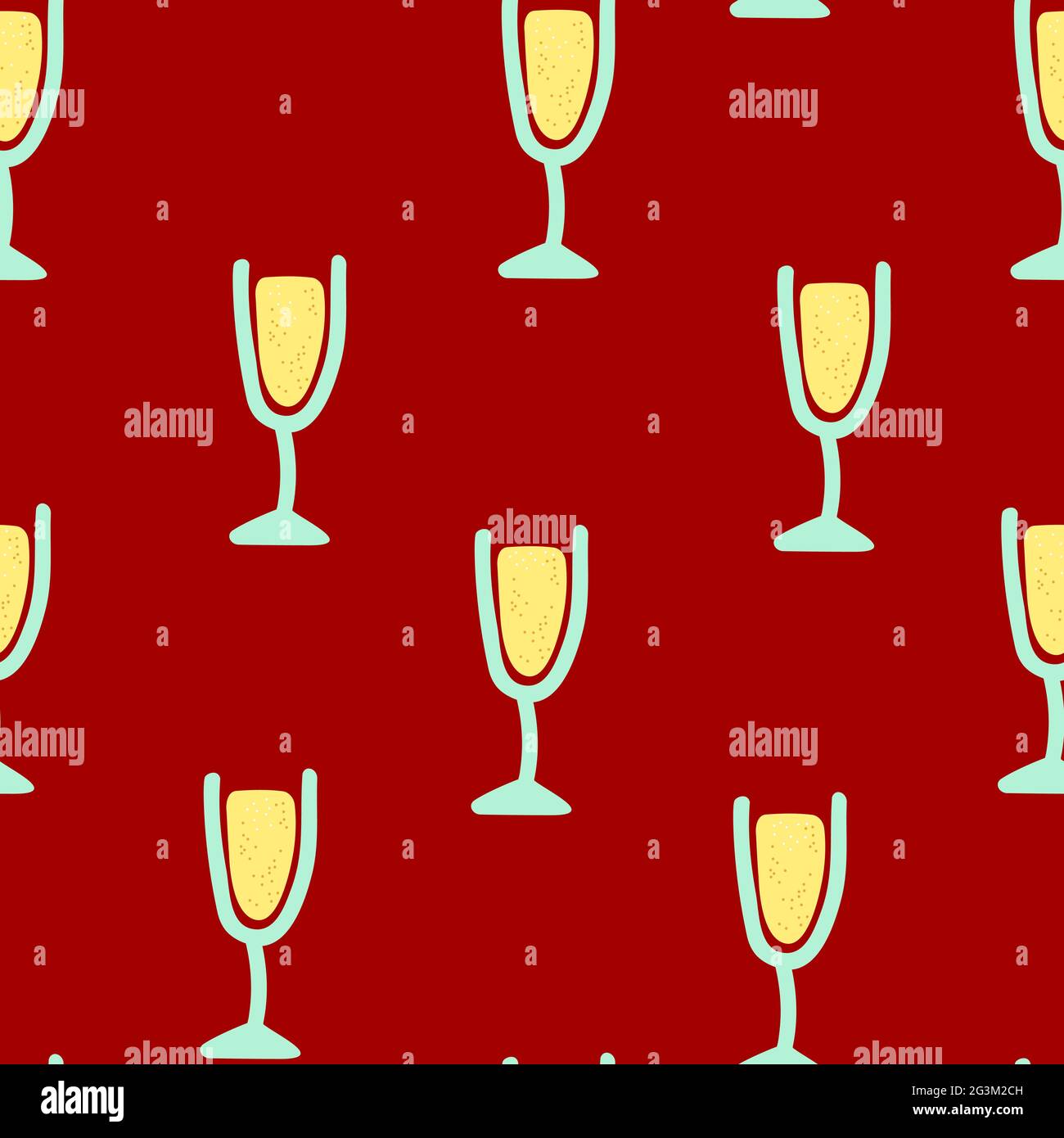 Vetro senza cuciture con prosecco o champagne. Bevanda celebrativa in stile carino su sfondo rosso. Bicchiere di vino per la decorazione festosa del nuovo Illustrazione Vettoriale