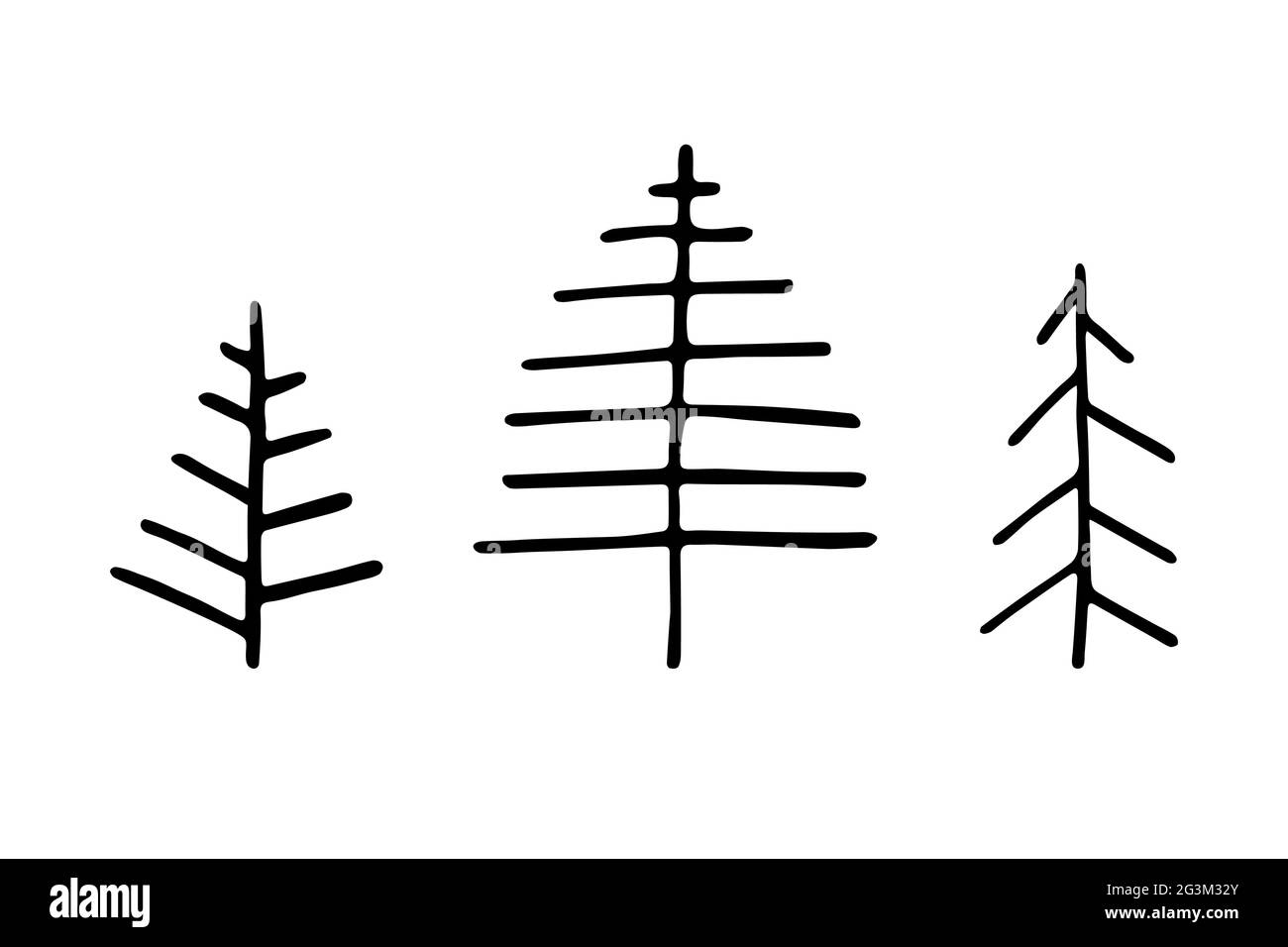 Vettore doodle alberi di Natale insieme. Abete disegnato a mano isolato su sfondo bianco. Profilo albero scandinavo a strisce. Felice anno nuovo, Merry Christma Illustrazione Vettoriale