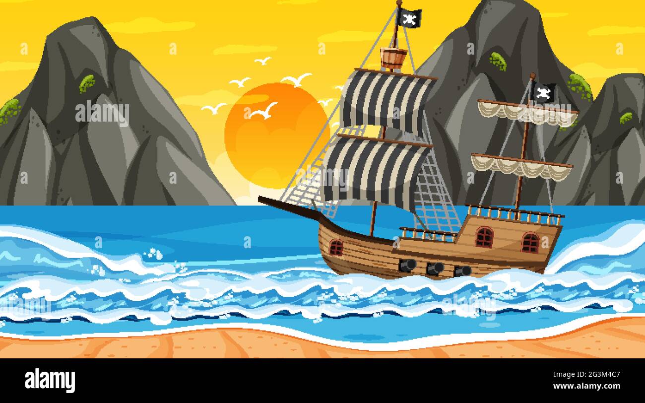 Ocean con nave pirata al tramonto scena in cartoon illustrazione di stile Illustrazione Vettoriale