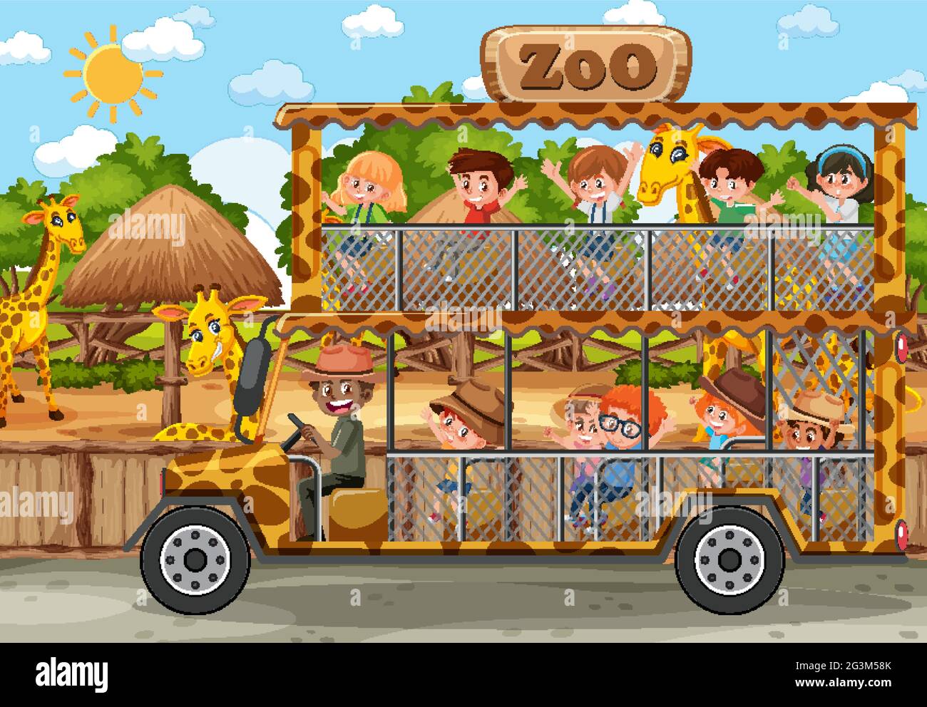 Safari scena con i bambini in auto turistica guardando giraffe illustrazione di gruppo Illustrazione Vettoriale