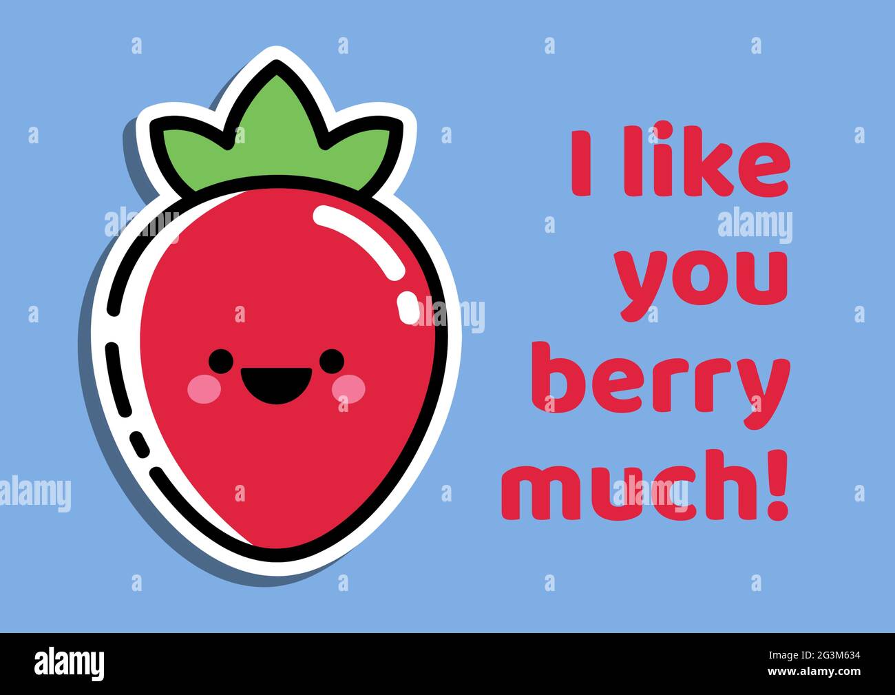 Composizione di mi piace molto testo con fragola sorridente su sfondo blu Foto Stock