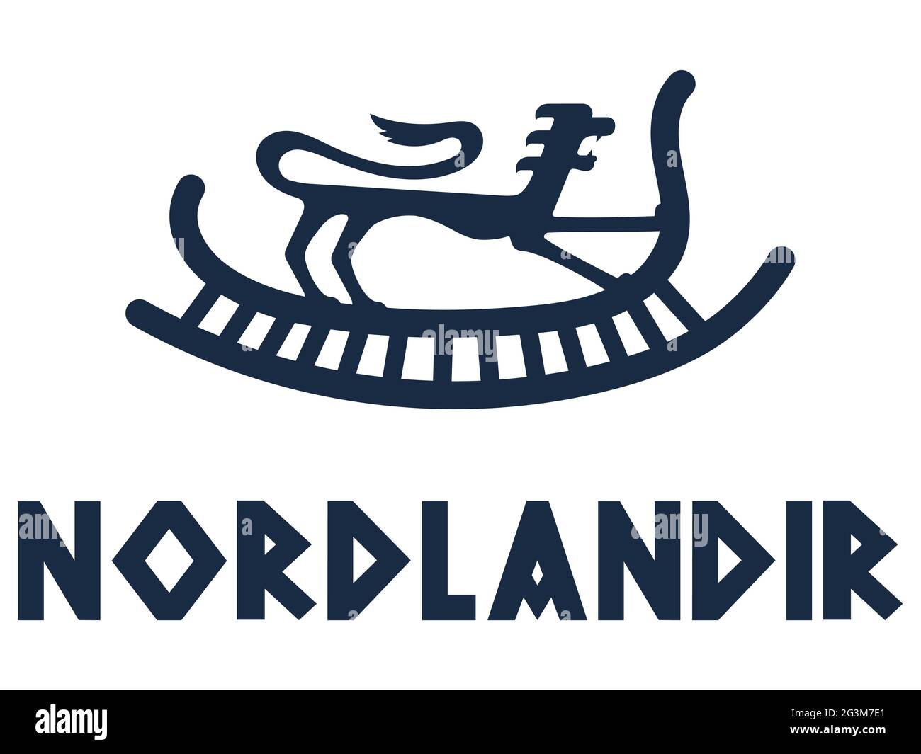 Viking, design scandinavo. Immagine di una nave vichinga e di un leone in antico stile retrò e iscrizione - Northerner in Norse Illustrazione Vettoriale