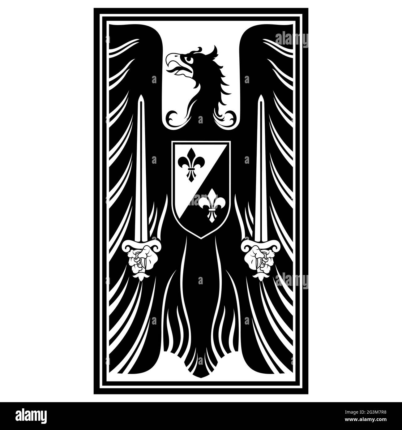 Design accattivante. Emblema araldico medievale, aquila araldica e cavalieri scudo Illustrazione Vettoriale