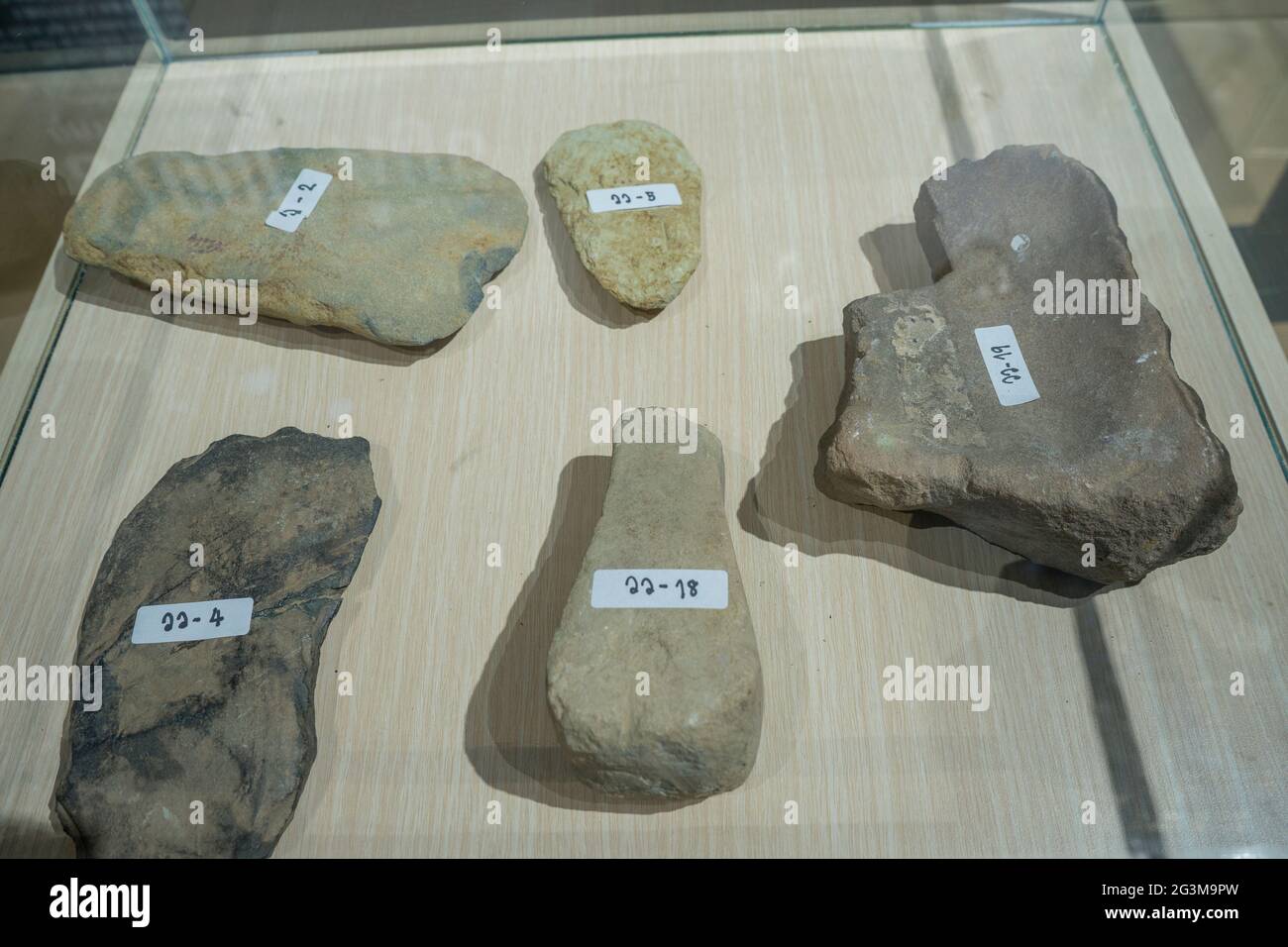 Lampang, Thailandia - 24 febbraio 2021: Strumento primitivit dell'età della pietra sull'età paleolitica al Lampang Fossil Geology and Natural Science Museum. Foto Stock