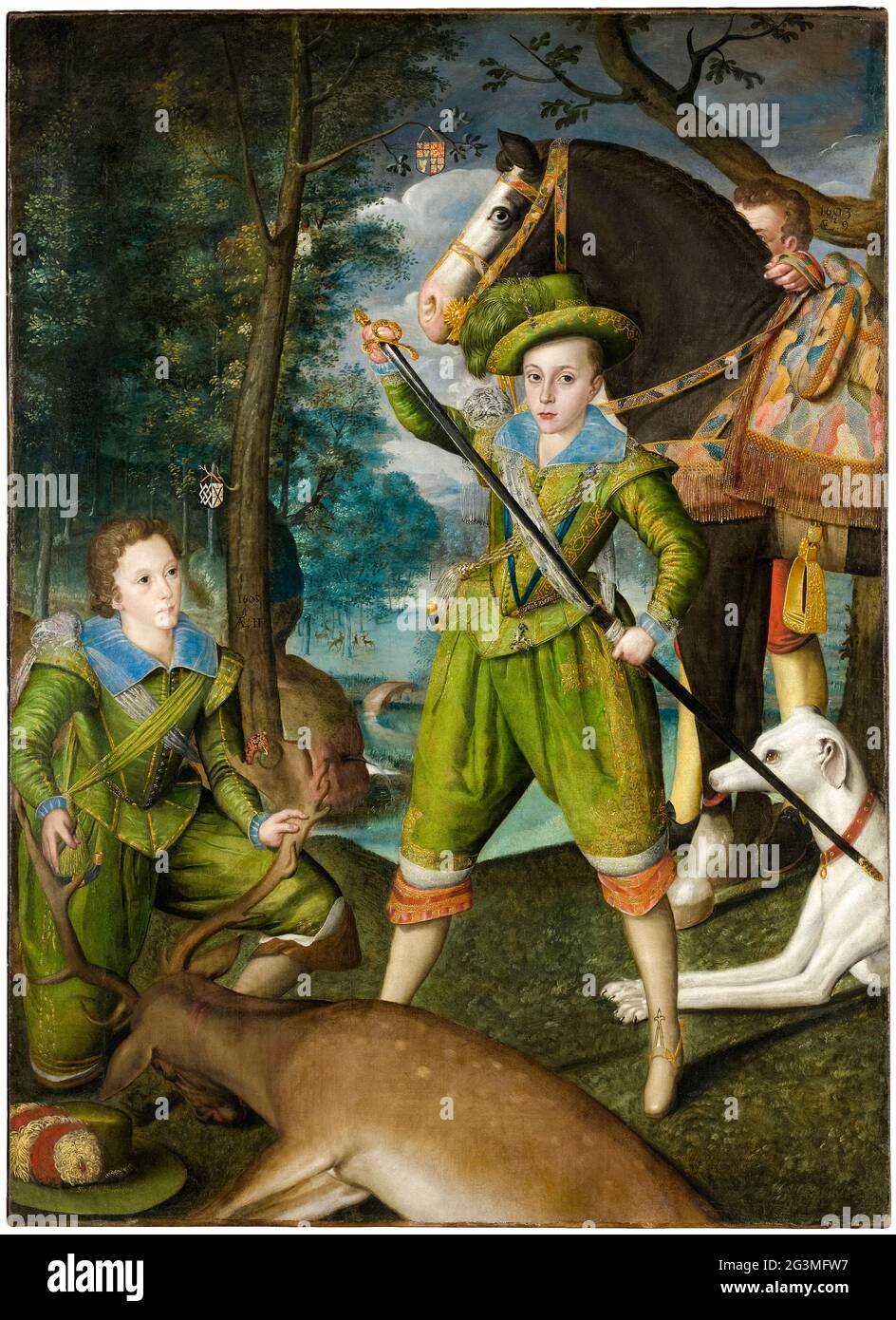 Henry Frederick (1594–1612) Principe di Galles, con Sir John Harington (1592–1614), pittura di caccia di Robert Peake il Vecchio, 1603 Foto Stock