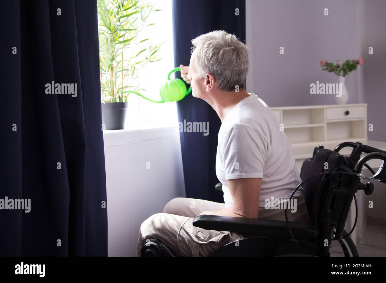 Disabili irrigazione uomo pianta di casa. Foto Stock