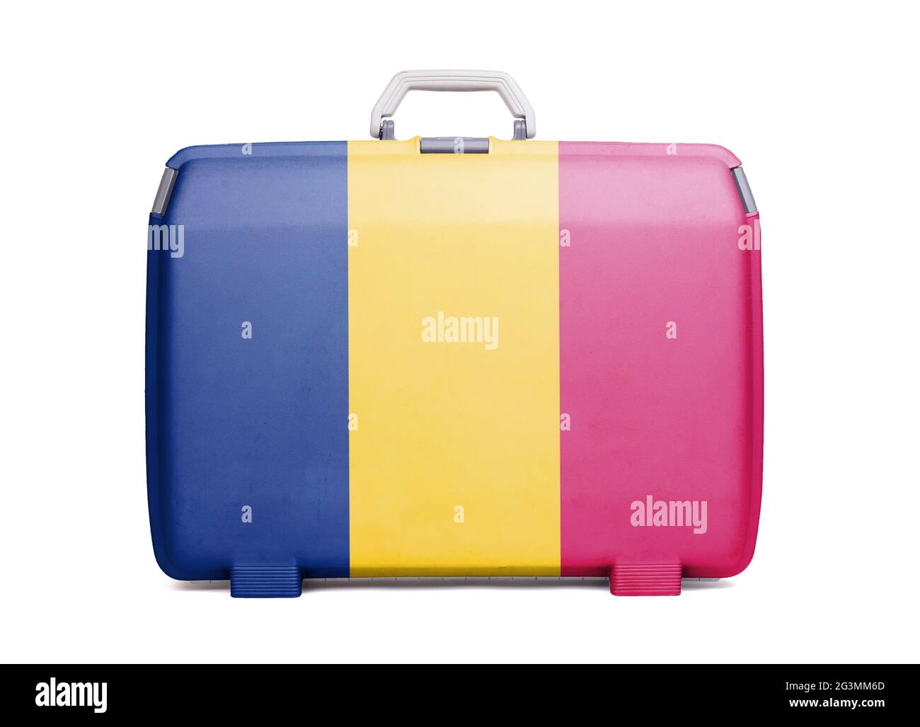 Utilizzate la valigia in plastica con macchie e graffi Foto Stock