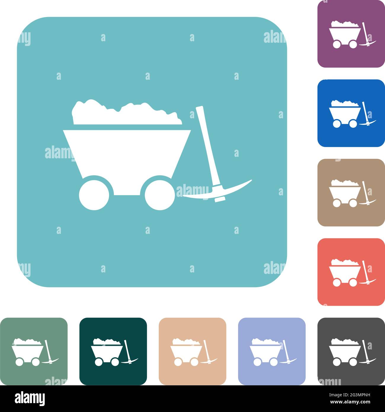 Caricato il carrello della miniera e piccone bianco piatto icone su colore arrotondato sfondo quadrato Illustrazione Vettoriale