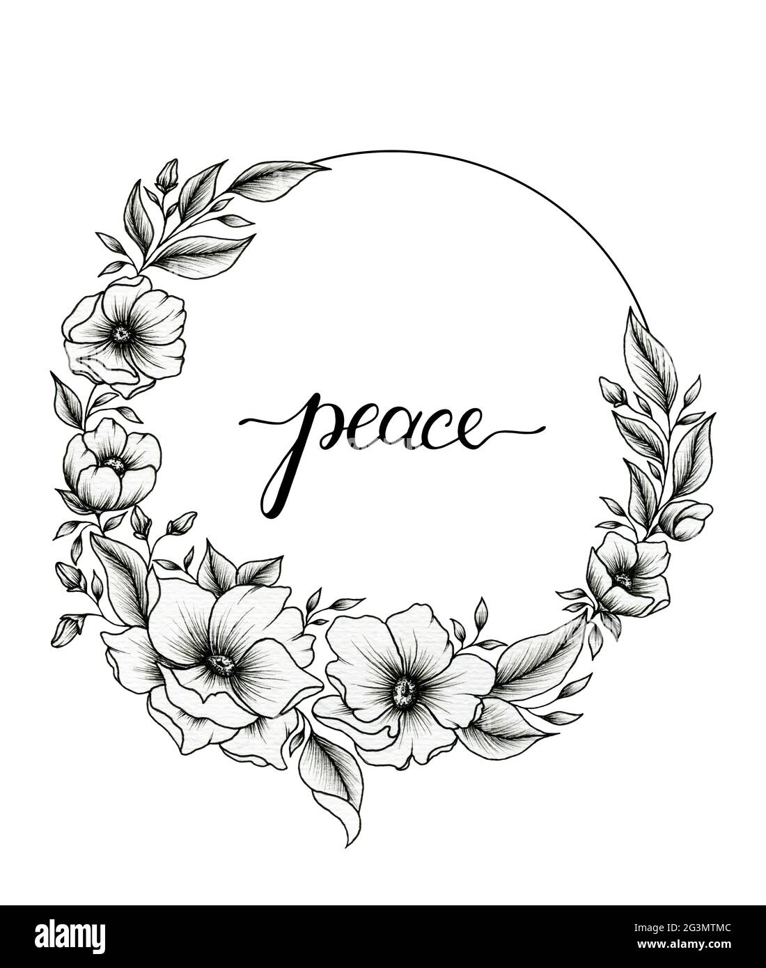 Bella corona floreale in bianco e nero e parola di pace calligrafia moderna scritta a mano, disegno a mano floreale nero per t-shirt, carta, tessuti Foto Stock