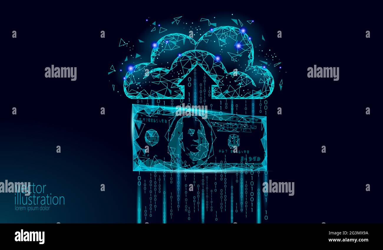 Il cloud computing online storage a basso poli. Futuro poligonale internet moderna tecnologia aziendale. Blu brillante dati globali dello scambio di informazioni disponibili Illustrazione Vettoriale