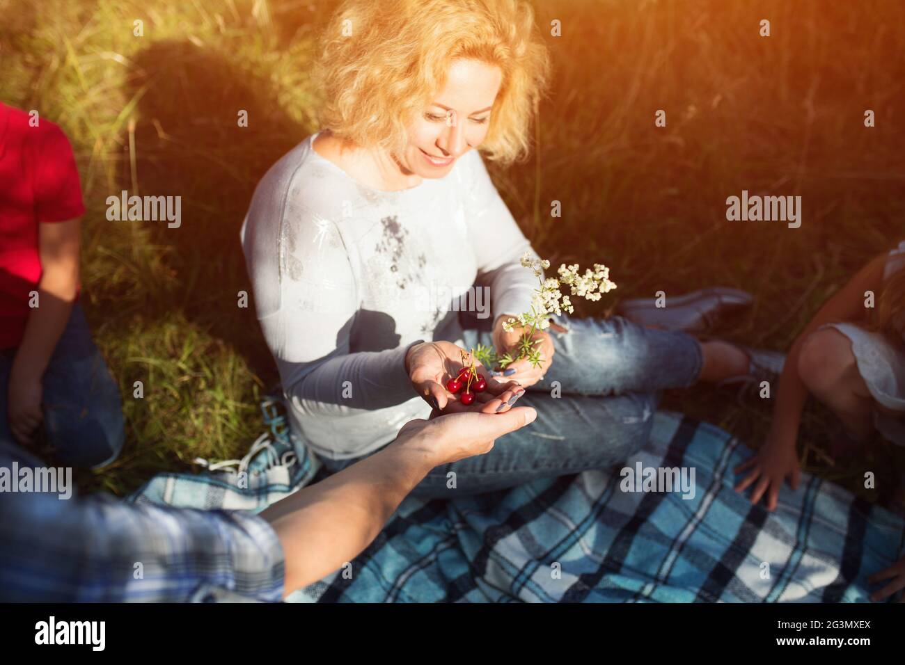 Ritratto di donna prendendo le bacche da amico del picnic Foto Stock