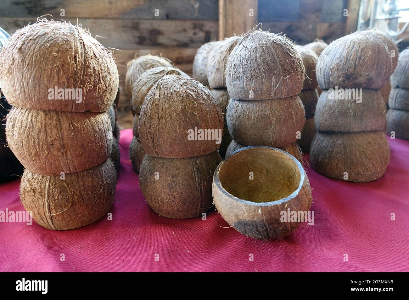 '20.04.2019, Neu Kaetwin, Meclemburgo-Pomerania occidentale, Germania - le conchiglie di cocco servono come tazze da bere. 00S190420D061CAROEX.JPG [VERSIONE MODELLO: NO, Foto Stock