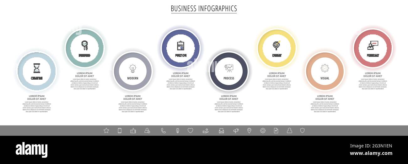 Infografiche vettoriali moderne con otto cerchi. Modello aziendale con 28 passaggi per diagramma, Web, banner, presentazioni, diagramma di flusso, contenuti, livelli Illustrazione Vettoriale
