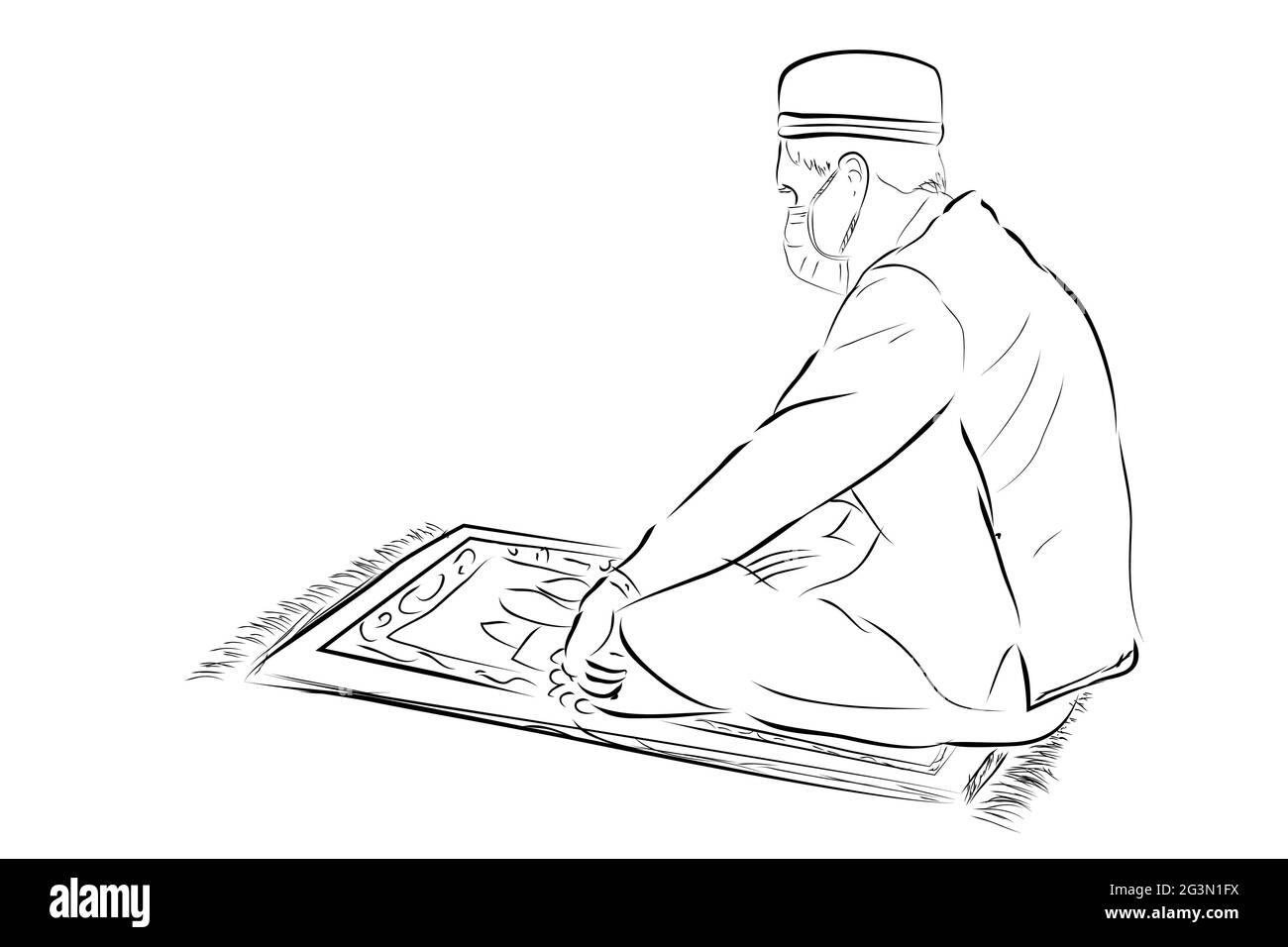 Disegno a mano vettoriale schizzo, uomo musulmano o islam, usando maschera, siediti al tappetino di preghiera Illustrazione Vettoriale