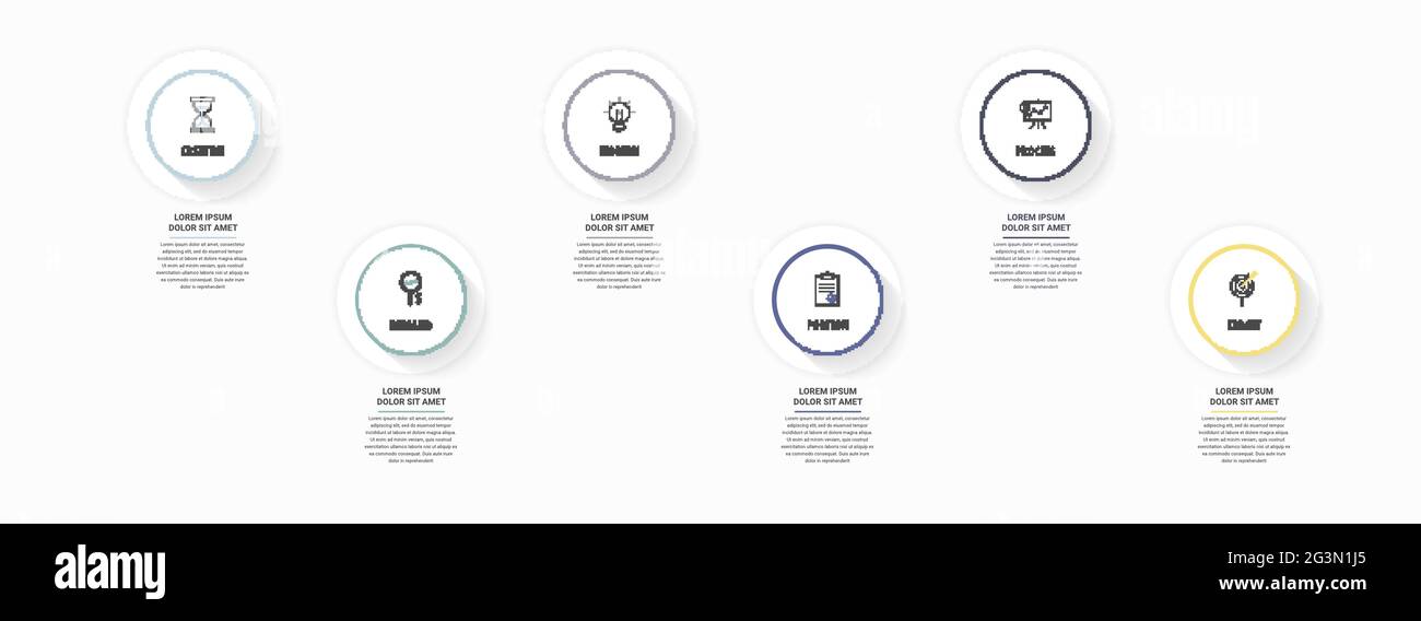 Infografiche vettoriali moderne con sei cerchi. Modello aziendale con 6 passaggi per diagramma, Web, banner, presentazioni, diagramma di flusso, contenuti, livelli Illustrazione Vettoriale