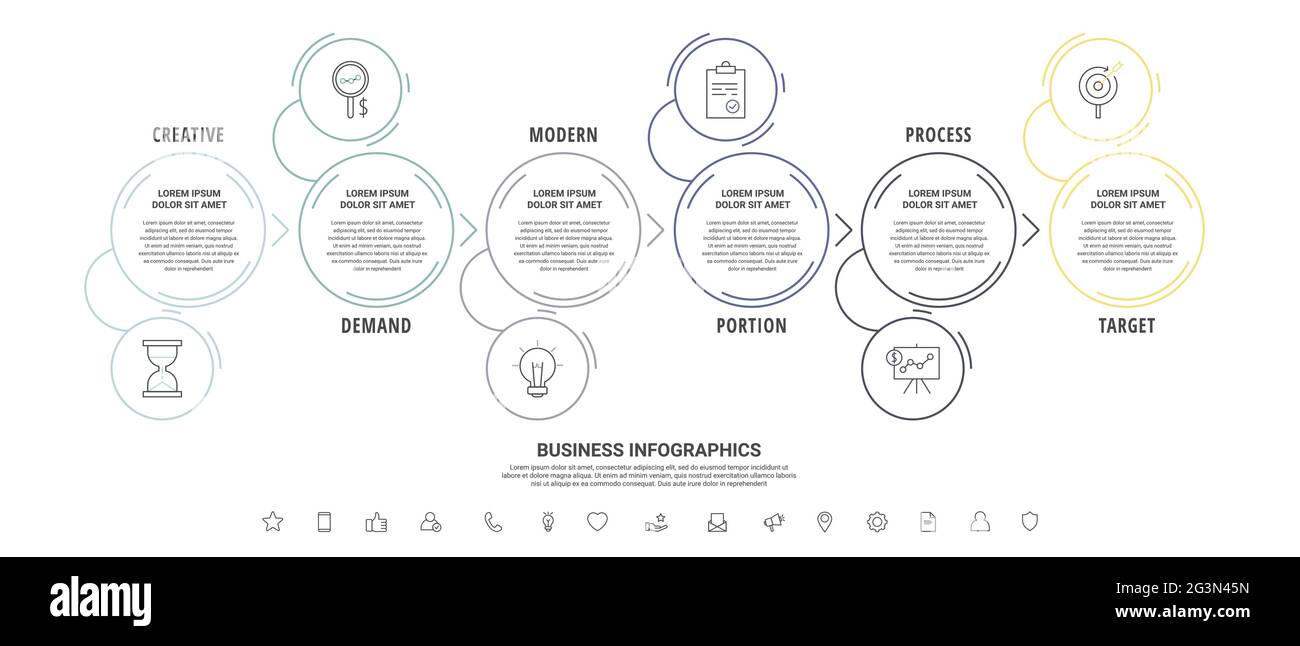 Infografiche vettoriali a linea sottile con sette cerchi e frecce. Modello timeline con 7 passaggi per app, business, sito Web, interfaccia, grafico, livelli Illustrazione Vettoriale