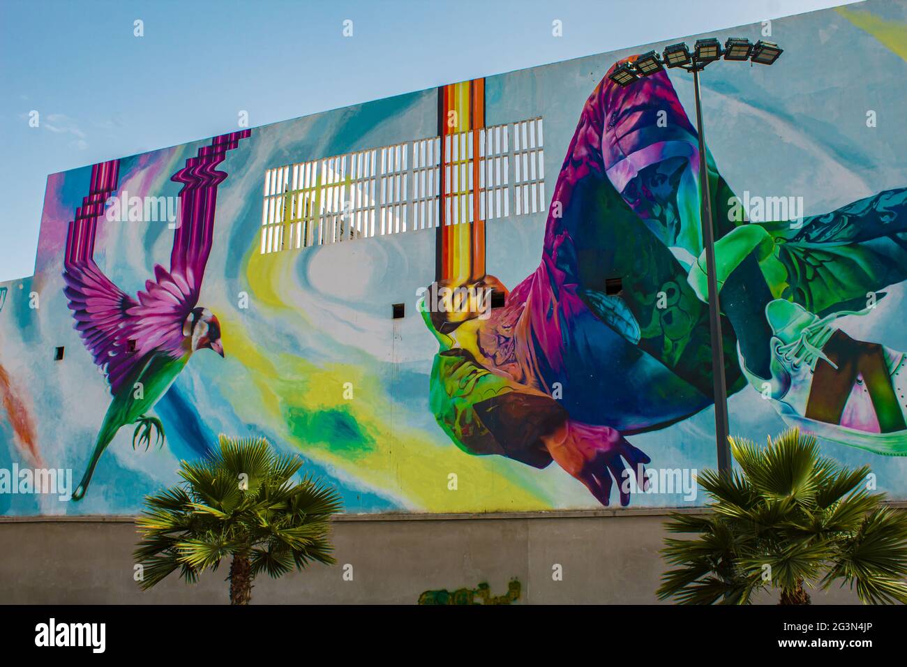 Ampia vista di disegni colorati sulle pareti di un edificio in un luogo pubblico - concetto Art Nouveau - Pittura alle pareti - graffiti. Foto Stock