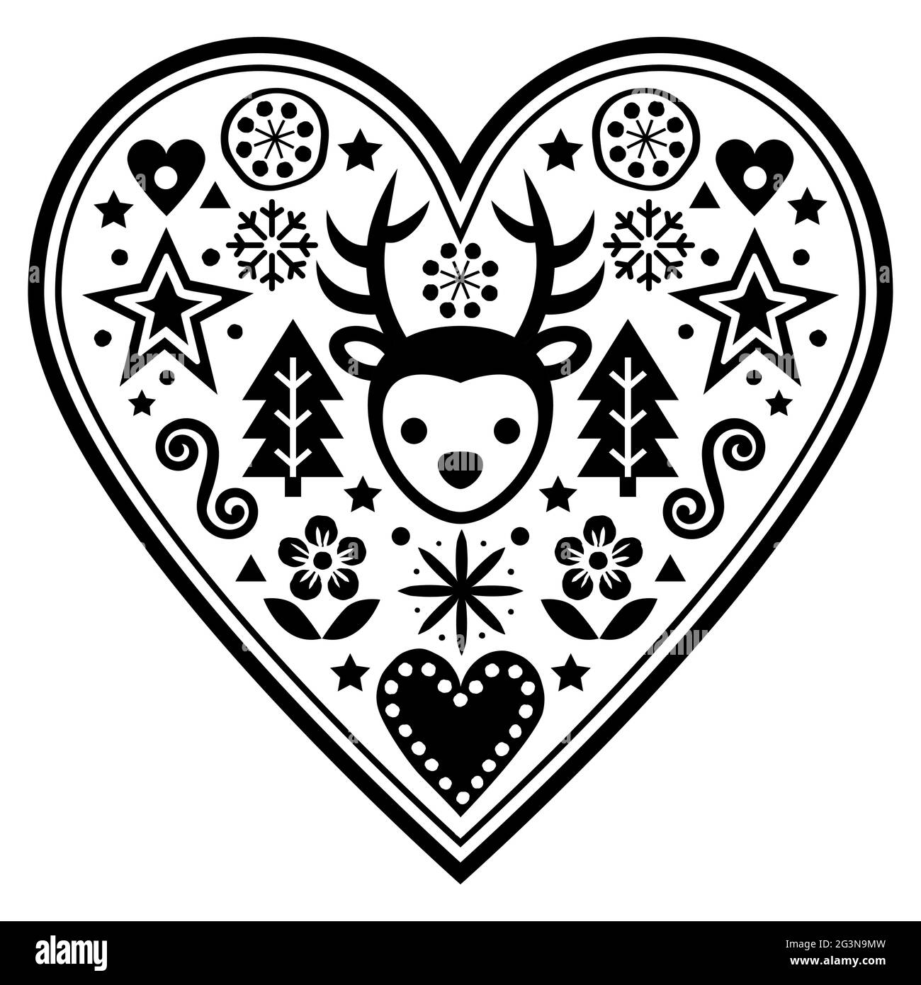 Natale Scandinavo vettore cuore saluto design scheda - bianco e nero folk arte modello stile con renna, fiocchi di neve alberi di Natale e fiori Illustrazione Vettoriale