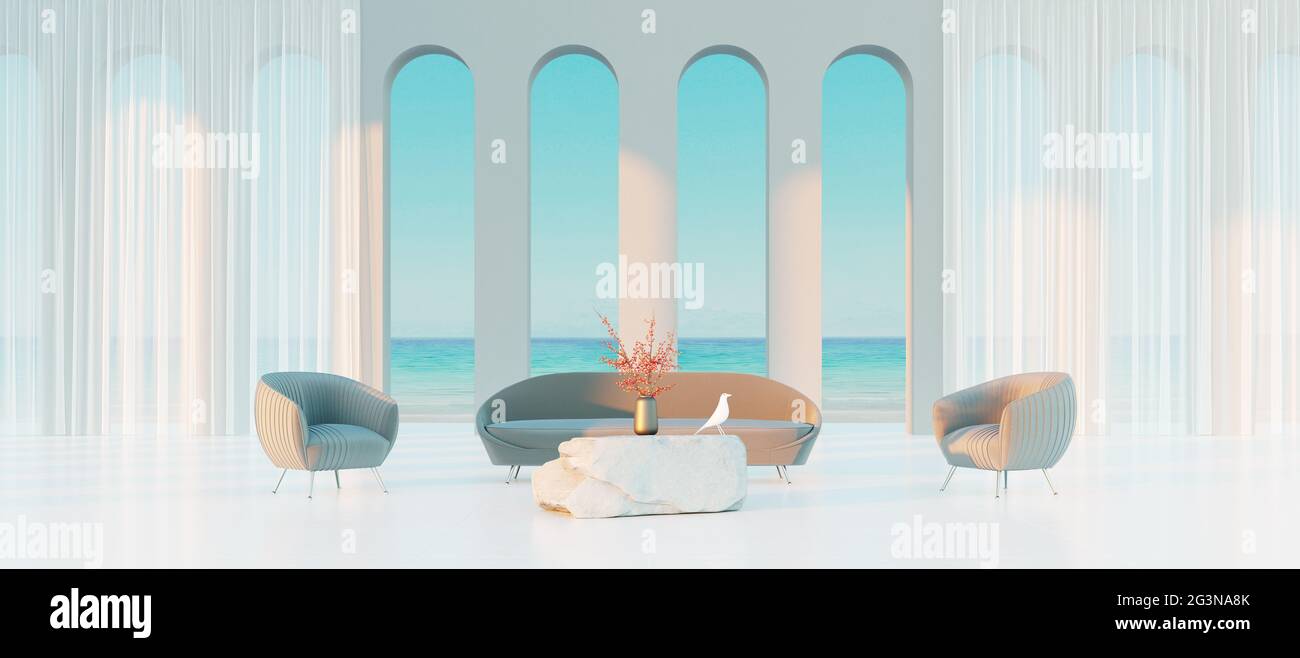 Design moderno degli interni con soggiorno bianco e vista mare, illustrazione 3d Render 3d Foto Stock