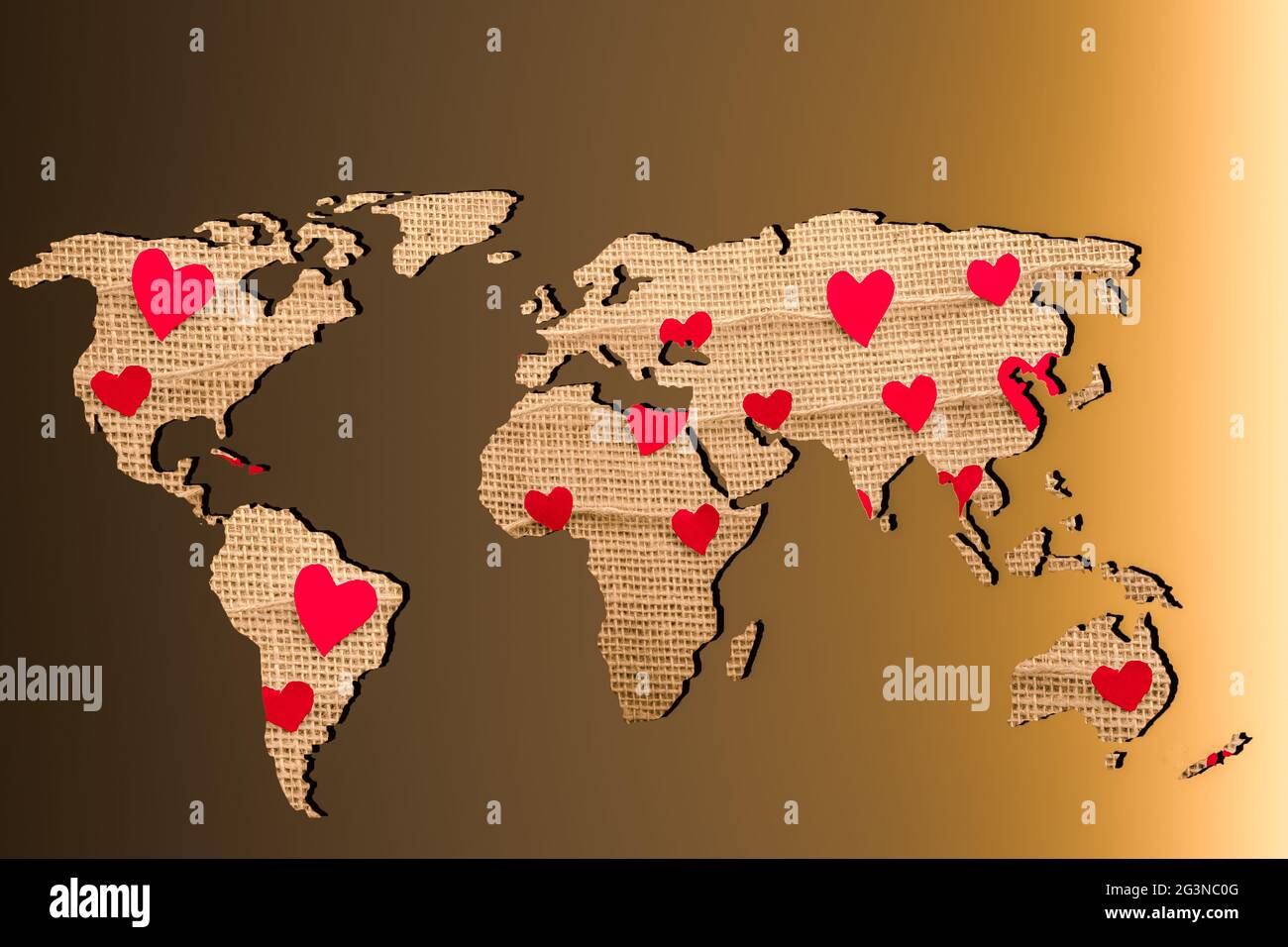 Mappa mondiale approssimativamente delineata con forme cardiache riempimenti Foto Stock