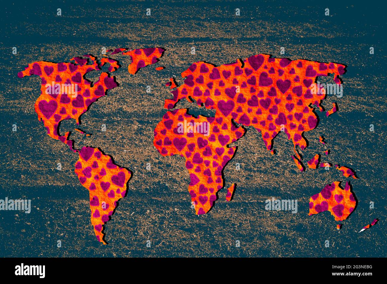 Mappa mondiale approssimativamente delineata con forme cardiache riempimenti Foto Stock